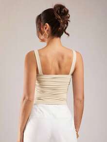 Silquee Women's Solid Color Fashion Pleated Tank Top For Dating And Daily Outings - Khaki - View 2