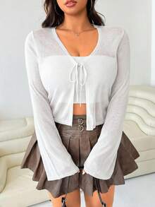 Solflare Cardigan Wanita Ukuran Besar untuk Musim Semi/Panas, Kasual, Liburan, Perjalanan Sehari-hari, Minimalis, Serbaguna, Warna Polos, Ikat Depan, Pendek, Semi-Transparan, Musim Gugur - Putih - View 7