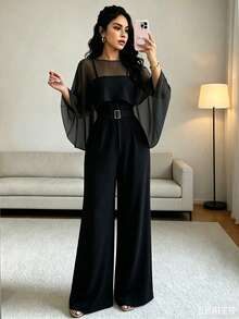 SHEIN Raffinéa 女款素色蝙蝠袖上衣與寬腿抹胸連身褲套裝 - 黑色 - 查看 2
