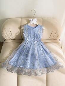 SHEIN Elladie kids Girls' Sweet Ruffle Sleeveless Tank Top Embroidered Tulle Princess Dress, Suitable For Holiday, Vacation, Party, Summer - Baby Blue - View 3