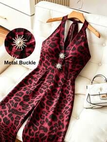 Franclia Jumpsuit Wanita Motif Leopard Musim Semi/Panas, Leher Halter, Tanpa Punggung, Dekorasi Gesper Matahari, Potongan Pinggang Lebar, Cocok untuk Belanja / Festival Musik / Liburan Pantai / Perjalanan Sehari-hari - MultiWarna - View 3