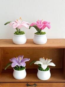 1pc Mini Cute Lily Flower Pot Knitted Plant Desktop Decoration Wedding Guest Gift Mother's Day Gift For Favorite Mom Room Decor Home Decor Ornaments Home Miniature Things - Multicolor - View 2