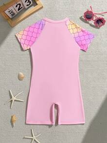 Traje de baño de una pieza con patrón degradado, cremallera delantera y manga corta para niñas - Rosa - Ver 2