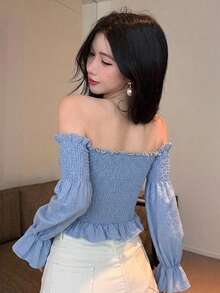 DAZY 秋冬夏季牛仔風辣妹音樂節露肩抓皺腰身休閒度假荷葉邊拼接長袖女款上衣 - 藍色 - 查看 4