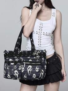 ROMWE Túi tote in Grimace phong cách Y2K Gothic - Túi đeo chéo đính đá mặt nạ ma kinh dị Scream, túi xách thời trang thường ngày dung tích lớn, phù hợp du lịch và đi làm hàng ngày, Halloween - Sọc - Xem 1