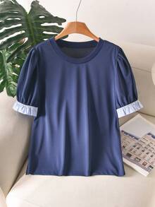CosyJoli Women's Plus Size Round Neck Ruffle Contrast Color Striped Patchwork Sleeve Fashion T-Shirt Office Work Blue T-Shirt For Women Daily Going Out T-Shirt - Navy Blue - View 5