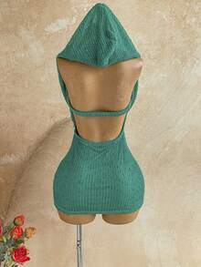 Soleia Damen-Mini-Kleid für Urlaub im Frühling/Sommer, romantisch, sexy, Vintage, mit Pailletten, Kapuze und Wasserfall-Ausschnitt, mit Pailletten-Cups, tropischer Urlaubs-Look, für Date, Nachmittagstee, Strand, Kreuzfahrt, Roadtrip, Städtereise, Musikfestival-Outfit, Party, Boho, Hippie, Western, Karneval, St. Patrick's Day - Dunkelgrün - Übersicht 2