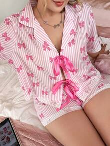 Slumberry CURVE Sweet Ins Romantic Striped Bow Petal Sleeve Ruched Plus Size Open Front Lapel Pajama Set - Multicolor - View 3