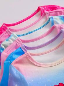 6件套女童可爱独角兽爱心卡通印花柔软针织弹力圆领短袖上衣和短裤睡衣套装，休闲舒适日常穿着（随机发货2套） - 彩色 - 查看 3