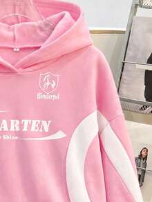 SHEIN 青少年女孩針織拼色字母印花圖案寬鬆休閒運動衫 - 粉色 - 查看 4