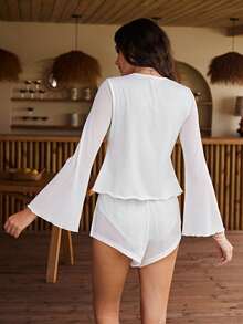Lullawish Bohemian Vacation Style Solid Color Lace Patchwork V-Neck Tie Front Design Flare Sleeve Women's Pajama Set - White - View 2