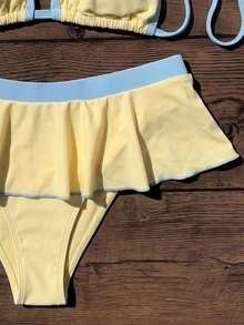 Elavelle Set Bikini Halter Warna Polos untuk Wanita, Cocok untuk Musim Semi dan Musim Panas - Kuning - View 6