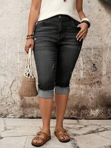 EMERY ROSE EMERY ROSE Jeans Capri Casuales de Talla Grande para Mujer con Bajo Deshilachado, Bolsillos y Ajuste Ceñido - Negro - Ver 4
