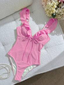 Swim Mod Women's Spring/Summer Sweet One-Piece Swimsuit With Colorblock Stripes, Special Fabric, Ruffle Collar, Pool Party Style - Multicolor - View 3