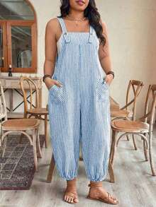 SHEIN CURVE+ Plus Size Women's Spring/Summer Elegant Fashion Commute Striped Pocket Drawstring Overall Jumpsuit - Blue and White - View 4