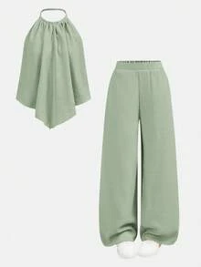 SHEIN Ensemble 2 pièces débardeur à col licou ample + pantalon long pour adolescentes, décontracté, à la mode, polyvalent, fête, streetwear, séance photo entre sœurs, sortie au parc, camping, vacances, décontracté quotidien - Vert - Voir 12