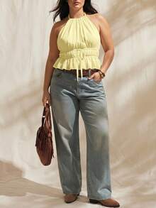 Solflare Goose Yellow Plus Size Women's Spring/Summer Pleated Ruffle Hem Halter Neck Tie Top - Pale Yellow - View 5