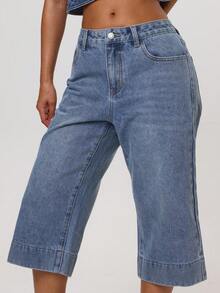 MUSERA Blue Denim Fitted Capri Three Quarter Length Low Rise Pants - Blue - View 5