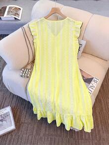 GlowEve CURVE Women's V-Neck Ruffle Sleeve Bow Decor Textured Print Comfortable Casual Sexy Summer Plus Size Dress Vacation Formal Yellow - Pale Yellow - View 2