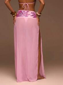 Musera Resort Sequin Sun Embroiderd Waistband Chiffon Maxi Skirt Cover Up Summer Swim Beach Party Vacation Sexy Tropical Cute Boho Travel Sunspell Pink - Pink - View 4