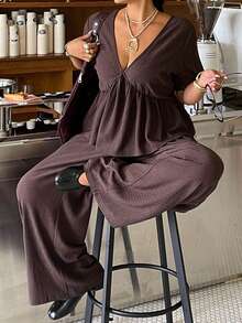 Muchica 2pcs Plus Size Women Textured Ruffle Hem T-Shirt And Drawstring Waist Casual Pants Set - Black - View 5