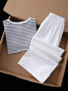 SHEIN Girls' Simple Casual Luxury Pony Print Set, Striped Half-Button Short Sleeve T-Shirt + Solid Color Wide Leg Pants 2-Piece Set, Spring/Summer Daily Streetwear - Black and White - View 2