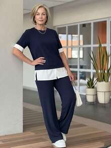 EMERY ROSE Middle-Aged And Elderly Women's Color-Block Patchwork Top And Long Pants Set Casual Summer Outfits For Women - Blue - View 5