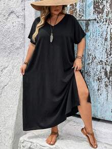 SHEIN CURVE+ 大码女装纯色休闲派对旅行连衣裙 大码女装 8XL 女装 大码女装连衣裙 宽松连衣裙 大码夏季服装 8XL 连衣裙 黑色长款连衣裙 大码女装夏季服装 - 黑色 - 查看 4