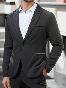 Manfinity Mode Men's Lapel Neck Long Sleeve Blazer & Pants Casual Business Suit Set Wedding Outfit For Men Nice Formal, Ceremony - Dark Grey - View 8
