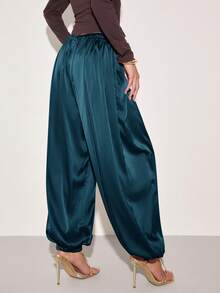 COSMINA Pantalones largos holgados de pierna ancha con diseño de cordón en la cintura y puños para mujer, unicolor - Verde - Ver 2