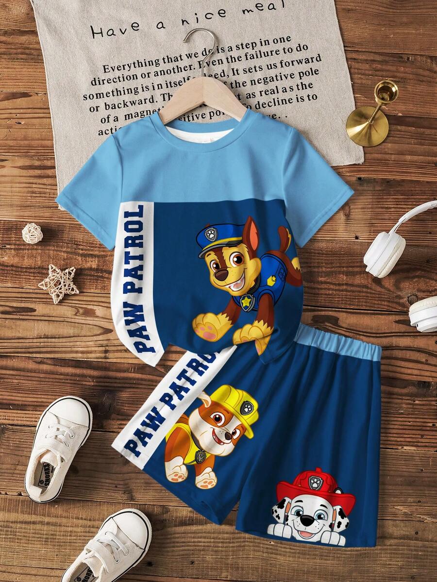 SHEIN | PAW Patrol Conjunto de camiseta de cuello redondo de manga corta con estampado de dibujos animados y pantalones cortos para niño pequeño - Blanco - Ver 1