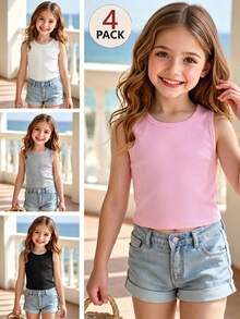 SHEIN Tween Girl Solid Color Round Neck Casual Versatile Daily Wear Tops 4pcs/Set - Multicolor - View 3