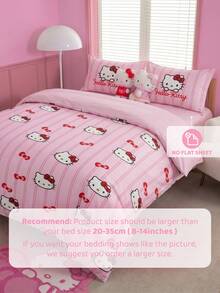 HELLO KITTY AND FRIENDS | SHEIN 3件組粉色條紋蝴蝶結裝飾被套組，卡通角色圖案，光滑柔軟保暖材質，多尺寸適用於單人床/雙人床/加大床/特大床，創意禮物、派對、節慶、復古寢具 - 紅粉 - 查看 8