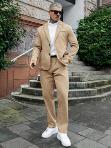 Artur Kramer Setelan Jas Pria Bisnis Warna Polos Sederhana untuk Sehari-hari, 2 Potong/Set Blazer Kancing Tunggal & Celana Jas Formal - Khaki - View 6