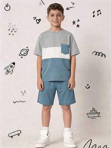 SHEIN 2件組青少年男孩休閒學院風拼色圓領套頭短袖T恤與短褲套裝 卡其色 適合通勤、上學、外出、運動、假期派對、度假、春夏季 - 藍色 - 查看 4
