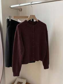DAZY Solid Color Minimalist Red Wool Knit Cardigan For Women - Burgundy - View 6