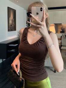 INAWLY Camiseta de tirantes, camisa sin mangas con estilo coreano y espalda descubierta para mujeres - Marrón - Ver 3