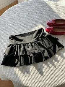 Comfortcana Chân váy mini nữ cạp thấp, màu trơn, nhiều lớp bèo nhún ở gấu - màu đen - Xem 7