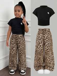 SHEIN Young Girl Knit Solid Color Ruched Small Stand Collar Casual T-Shirt And Leopard Print Long Pants 2pcs Set - Multicolor - View 7