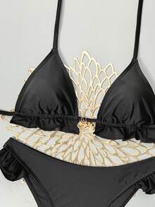 Bonvoyette 2026 Spring/Summer Triangle Cup Black Fabric Drawstring Ruched Hem Design Gold Starfish Shell Conch Pendant 3-Piece Set Sexy High Cut Bikini For Women, Suitable For Beach, Seaside, Pool - Black - View 6