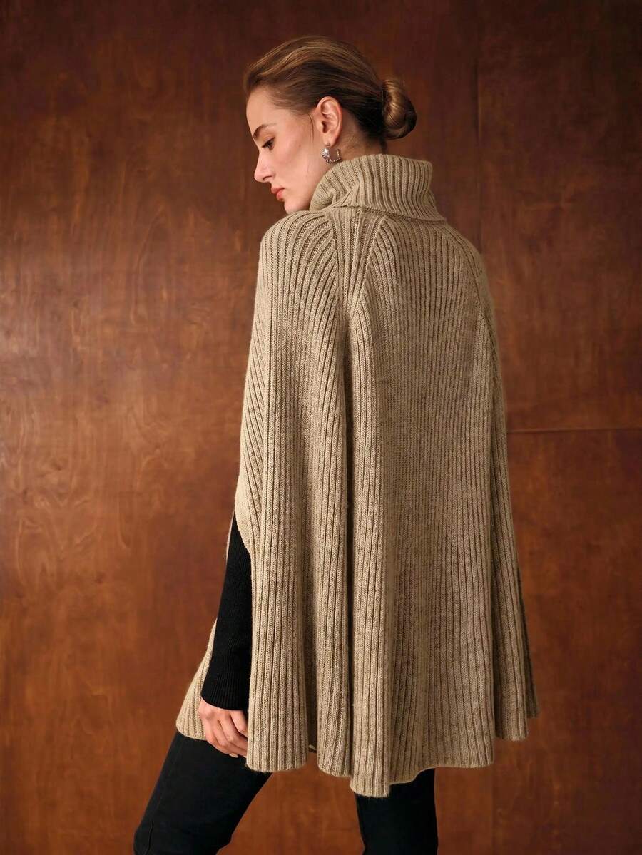 MOTF PREMIUM HIGH NECK RIBBED KNIT CAPE SWEATER - Khaki - View 2