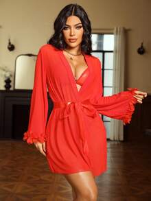 Seduluxe 4pcs/Set Women's Wireless Sexy Mesh Lingerie Set - Red - View 6