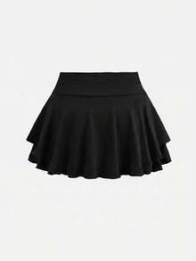 SHEIN Girls' Soft & Comfortable Solid Color Casual Skirt - Black - View 2