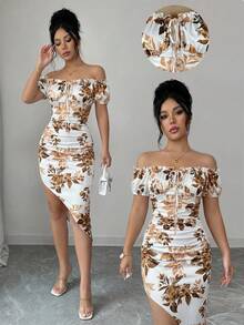 Selianne Robe imprimée mi-longue à épaules dénudées pour femmes, pour les fêtes, la plage et les festivals de musique - Multicolore - Voir 3
