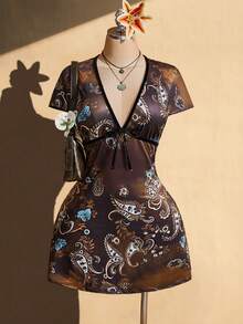 SHEIN ICON 大尺碼復古Y2K深V領花卉短袖收腰A字洋裝，返校穿搭、日常穿著、休閒度假夏季洋裝 - 彩色 - 查看 1