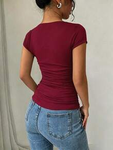 Rafferiza 時尚修身肩袖U領腰部抓皺高彈力針織白色春夏女款T恤 - 紅色 - 查看 2