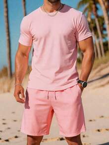 Manfinity Dauomo Men's Solid Color Round Neck Short Sleeve T-Shirt And Shorts Casual Matching Set Holiday Beach Light Pink Summer - Multicolor - View 1