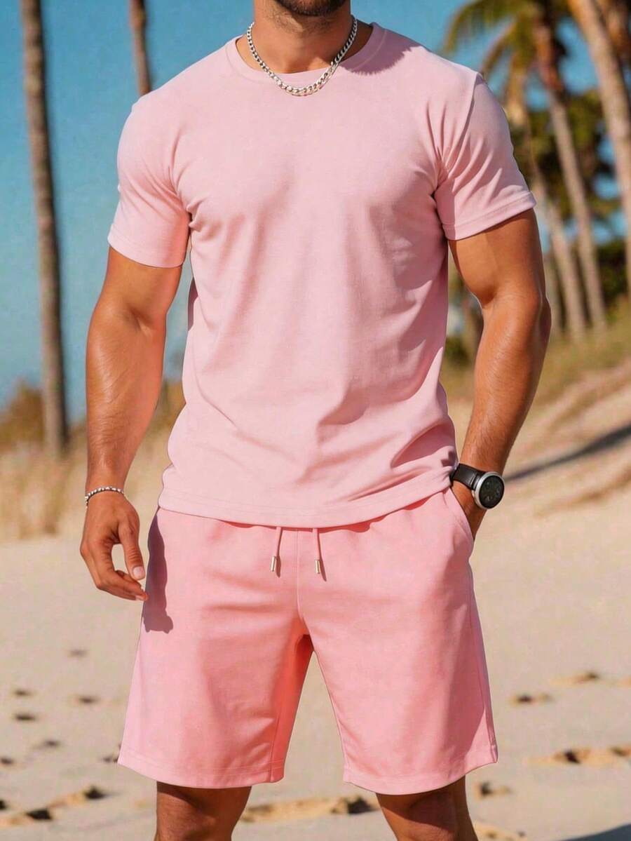 Manfinity Dauomo Men's Solid Color Round Neck Short Sleeve T-Shirt And Shorts Casual Matching Set Holiday Beach Light Pink Summer - Multicolor - View 1