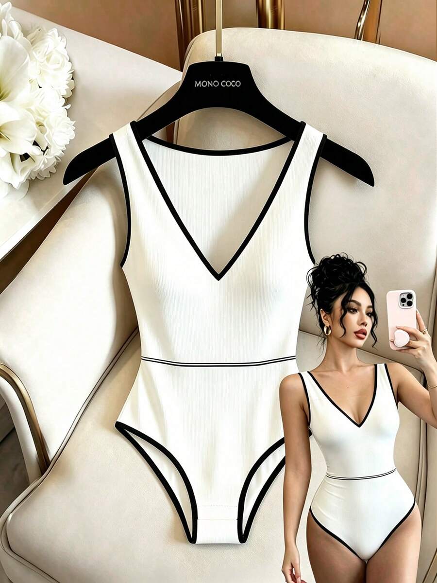SHEIN Raffinéa 女士白色连体衣,V领沙滩连体衣,Y2K风格连体衣,优雅夏季度假连体衣,休闲连衣裙 - 白色 - 查看 1