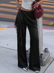 Firerie 女款夏季優雅休閒通勤時尚新款音樂節街頭風百搭低腰蕾絲拼接2合1緞面棕色寬腿長褲 - 黑色 - 查看 1